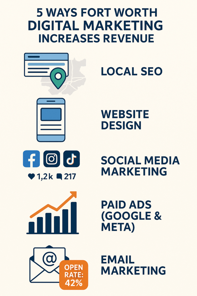 Alt text: Infographic showing five Fort Worth digital marketing strategies that help small businesses increase revenue